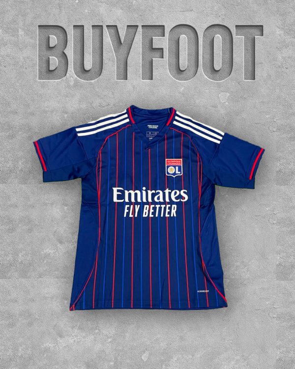 ⚪🔵 Maillot Olympique Lyonnais Extérieur 2025/2026 – Bleu Nuit & Rouge – Version Stadium