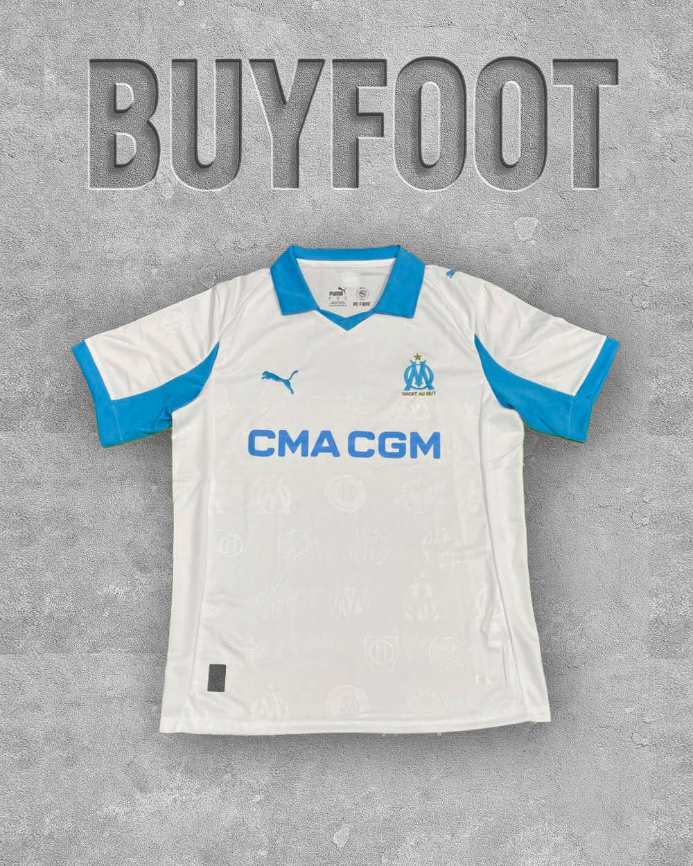 ⚪🔵 Maillot OM Domicile 2025/2026 – Blanc & Bleu Azur – Version Stadium